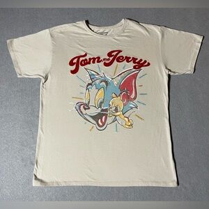 Tom and Jerry Men's Beige Embroidered Stitched Graphic T-shirt Size Medium